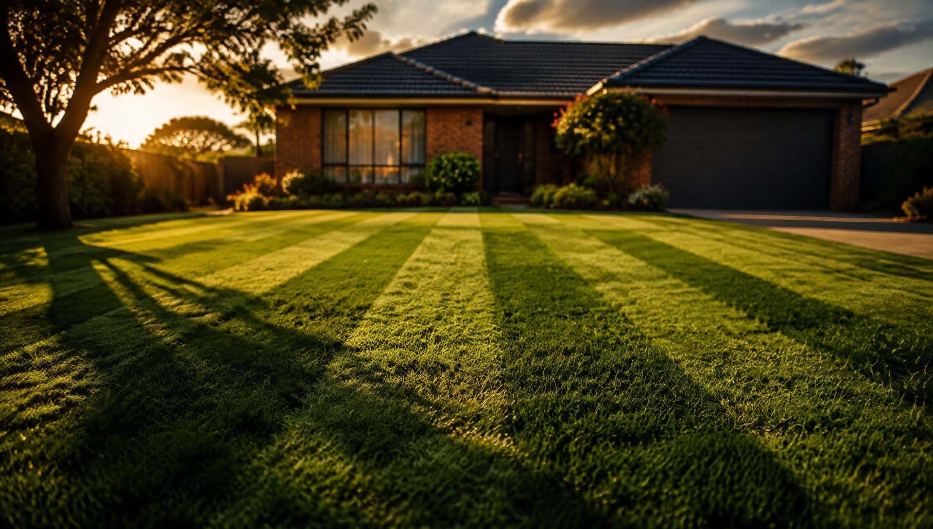 Freshly mowed suburban lawn with mower stripes at sunset